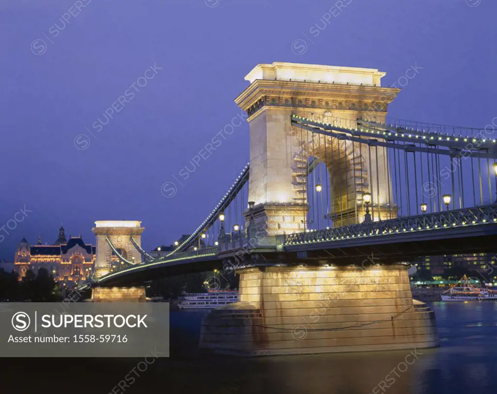 Hungary, Budapest, view at the city,   bridge, illumination,  Twilight Europe, Central Europe, Magyar Köztársaság, city, capital, sight, landmarks, ar...