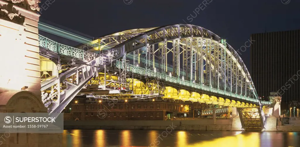 France, Paris, Austerlitz-Viadukt,  Illumination, evening,  Europe, République Française, city, capital, sight, river Seine bridge bow bridge architec...