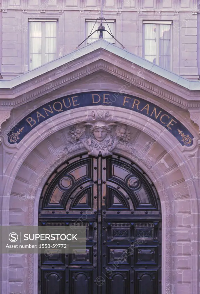 France, Paris, Banque de franc,  Entrance, detail,  Europe, République Française, city, capital, district, French central bank, central issuing compan...
