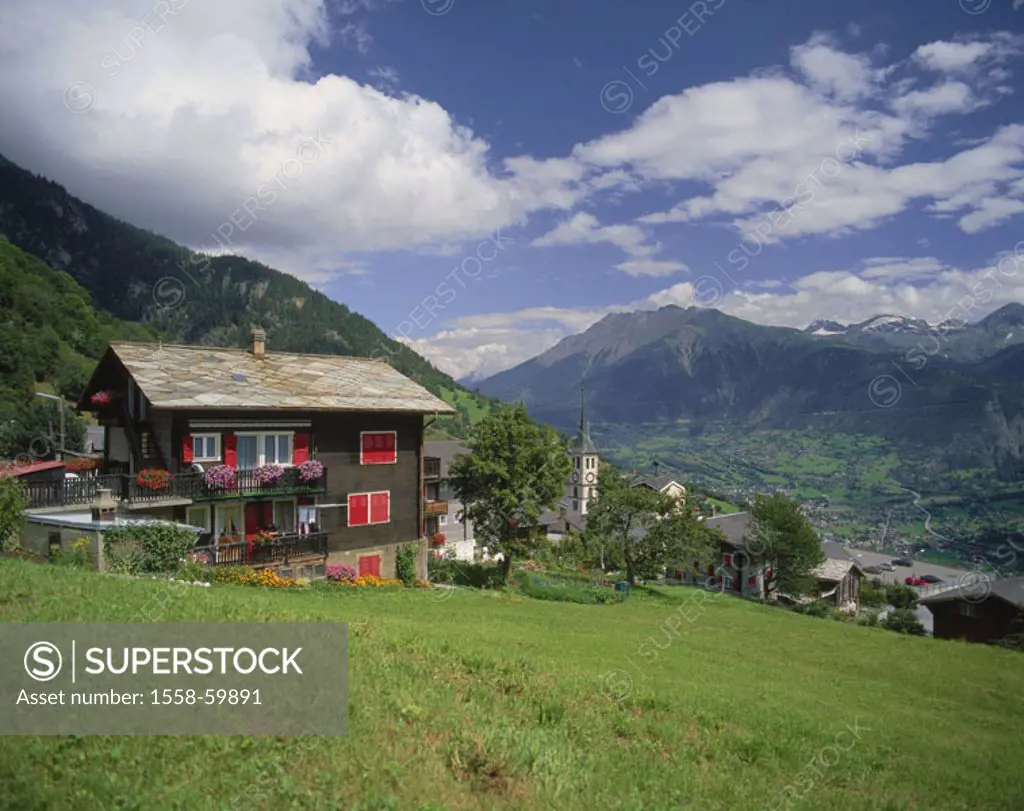 Switzerland, canton Wallis, mouth,  skyline  Europe, Central Europe, community, place, place, church, steeple, house, residence, outlook, view, valley...