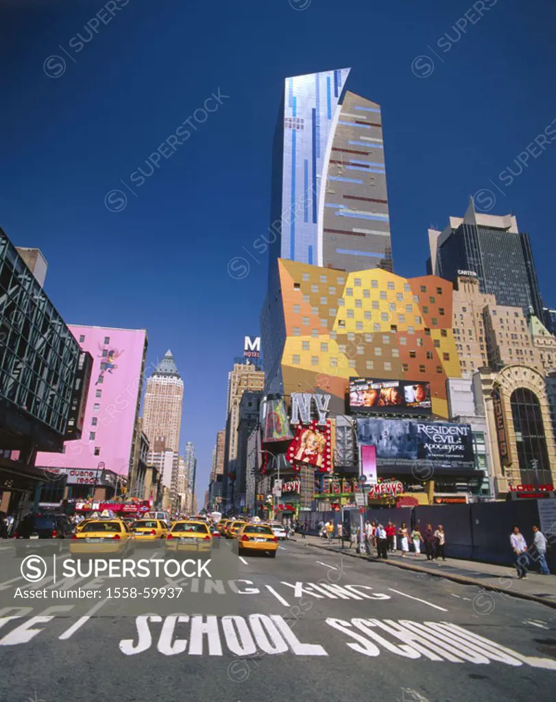 USA, New York city, Eight avenue,  skyscrapers, street, multilane, taxis,  Roadway markings North America,  United States of America, city, city distr...