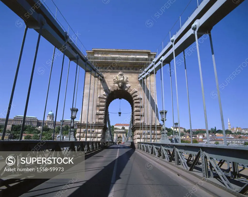 Hungary, Budapest,  bridge, detail,   Europe, Central Europe, city, capital, district, Buda, bridge, Szechenyi lanchid, built, Danube 1839-1849, Archi...