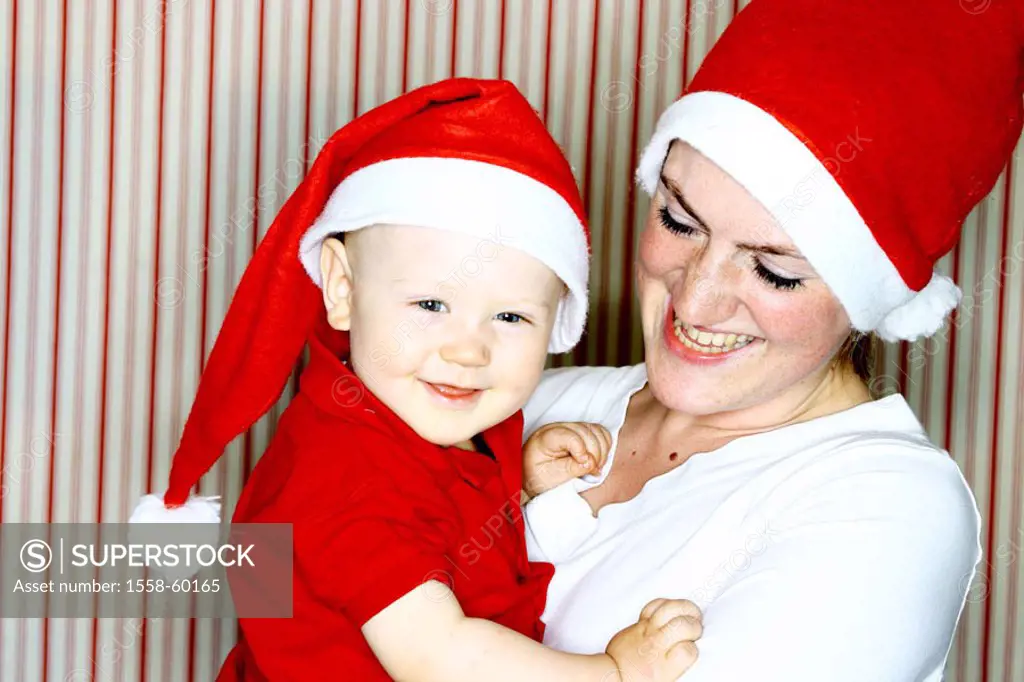 Christmas, woman, toddler, Nikolaus caps, cheerfully, portrait  Christmas, Christmas time, x-mas, mother, 20-30 years, child, baby, 1-3 years, headgea...
