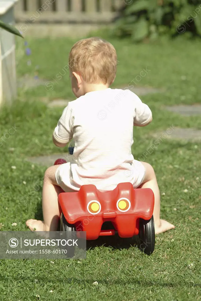 sitting garden, meadow, boy, game car,  view from behind  Series, child, toddler, 2-3 years, childhood, happily, freely, toy, car, Bobbycar, toy, toy ...