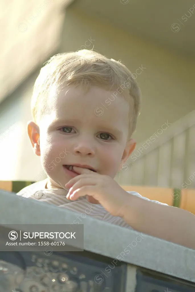 Parapet, boy, curiously, fingers,  Mouth, portrait,  Child portrait, child, toddler, 2-3 years, blond, dearly, nicely, gaze camera, thoughtfully, hesi...