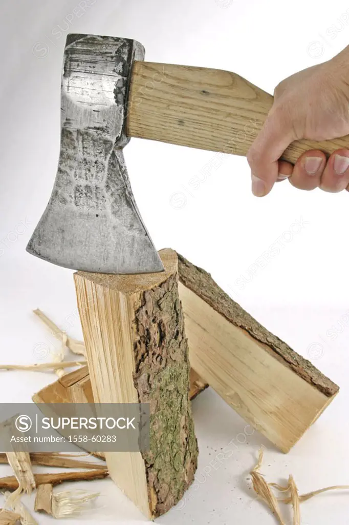 Men´s hand, ax, logs   Man, hand, tool, split tool, hatchet, heel hatchet, effort, wood-chops powerfully, strong, chops, cabandoned, firewood, firewoo...