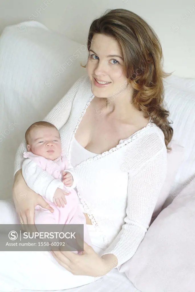 Mother, happily, newborn, holding,  Portrait  Series, woman, gaze camera, young, 20-30 years, 30-40 years, parent, mother luck, child wish, offspring,...