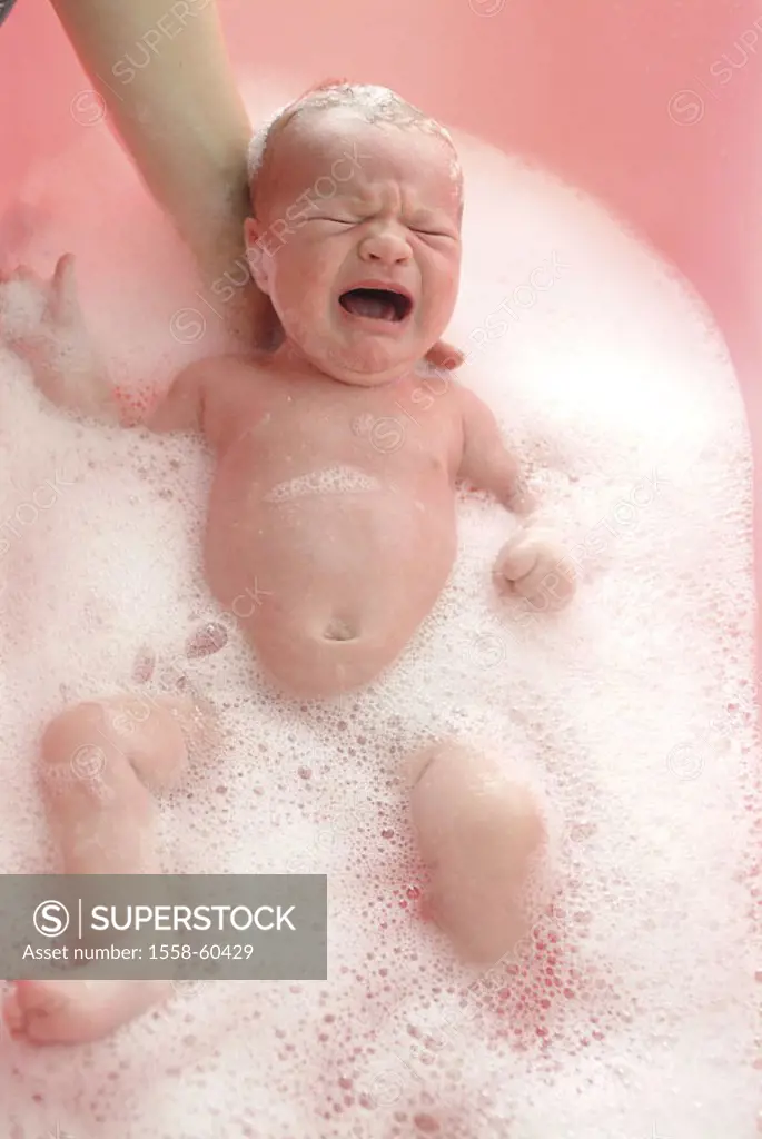 Newborn, cries, swims, foam   Series, woman, mother, poor, detail, holding, baby tub, baby bathtub, baby, 3 weeks, childhood, child, infant, cleans, h...
