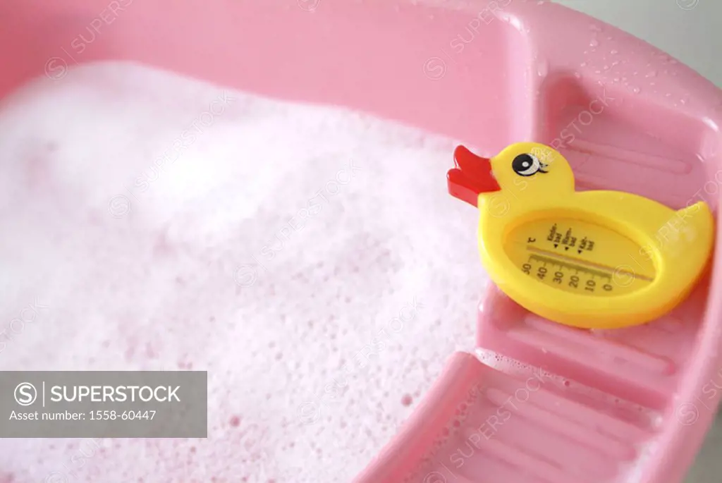 Baby bathtub, Seifenablage,  Detail, thermometers, duck form  Series, bathtub, baby tub, plastic tub, pink, water, bath water, foam, bath foam, bubble...