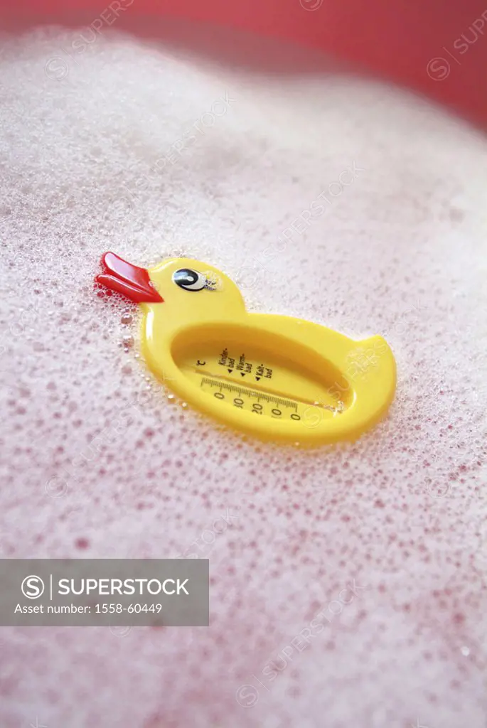 Baby bathtub, water, detail,  Thermometers, duck form,  Series, bathtub, baby tub, plastic tub, pink, water, bath water, foam, bath foam, bubble bath,...
