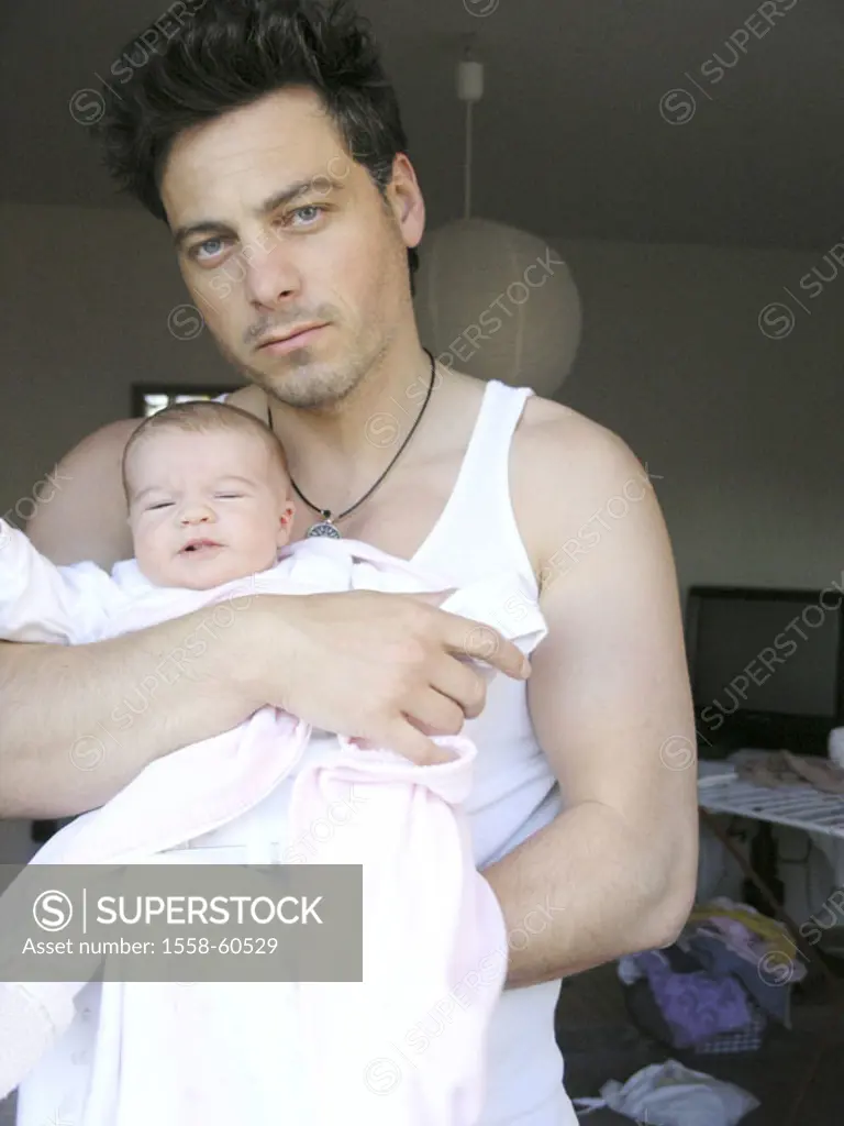 Father, baby, portrait, holding   Men´s portrait, man, 30-40 years, undershirt, father role, father luck, seriously, overtaxes, gaze camera, child wis...