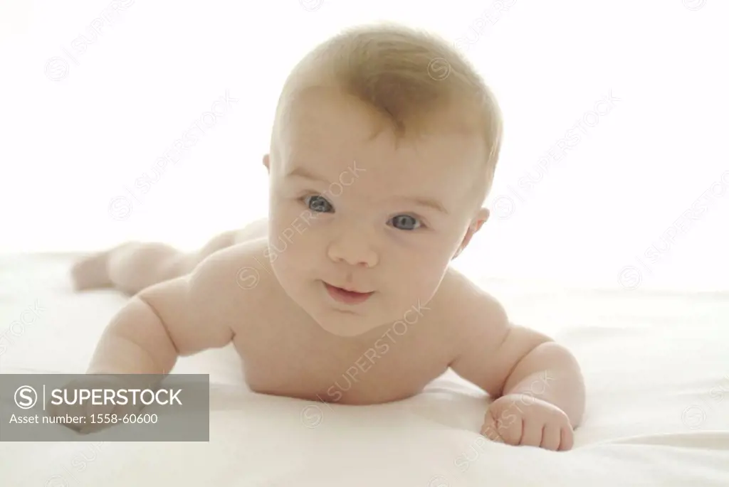 Bed, baby, bare, smiles lies, portrait   Series, baby portrait, child, 12 weeks, infant, gaze camera expression dearly, religiously, nicely, wakened, ...