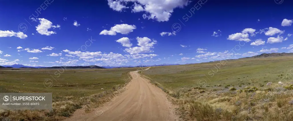 USA, Colorado, landscape, Sandstraße, abandoned, clouded sky  America, street, sand track, grit way, street connection, highway, exactly, long, widene...