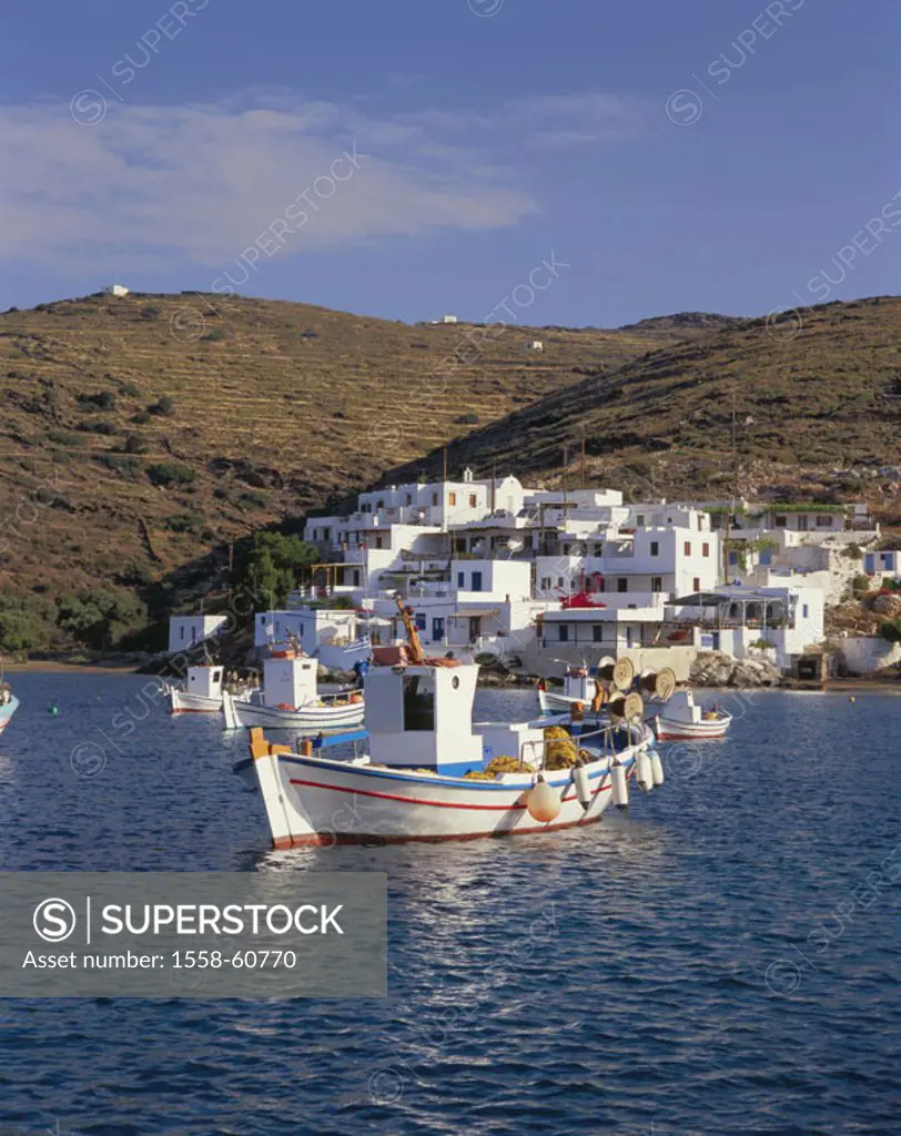 Greece, western Kykladen,  Island Sifnos, Faros, skyline,  Fisher boats Europe, southeast Europe, Kykladeninsel, coast landscape, coast, hills, villag...