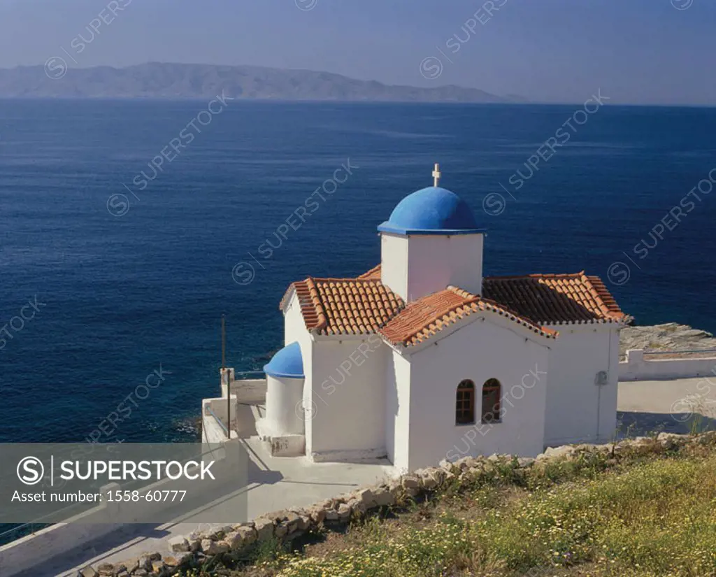Greece, western Kykladen,  Island Kynthos, South coast, church  Europe, southeast Europe, Kykladeninsel, neighbor island Serifos, sea, Mediterranean, ...