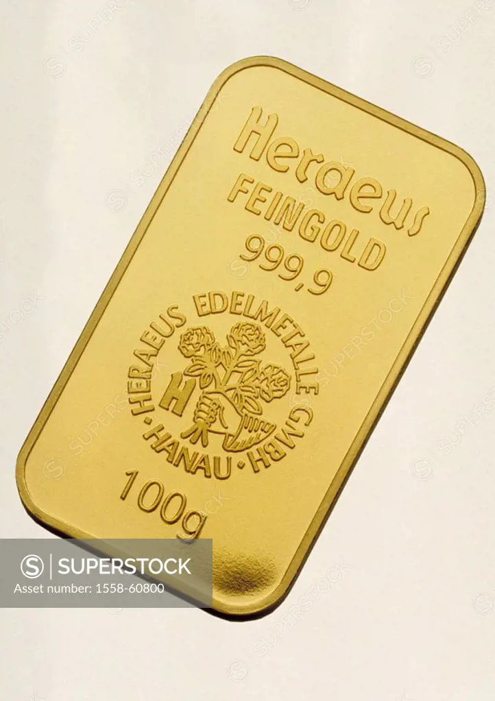 Bullions, pure gold, 100 grams    Economy, procurement, trade, processing, shaped, stamping company name noble metal supplyingr Heraeus Heraeus-Feingo...