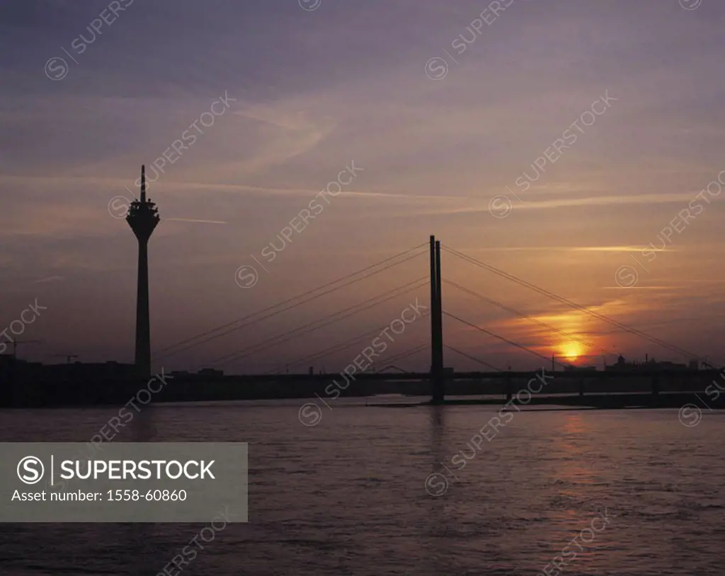 Germany, North Rhine-Westphalia,  Düsseldorf, Rhine, rheic knee bridge, Television tower, sunset, Europe, city, view at the city, river, rheic knees, ...
