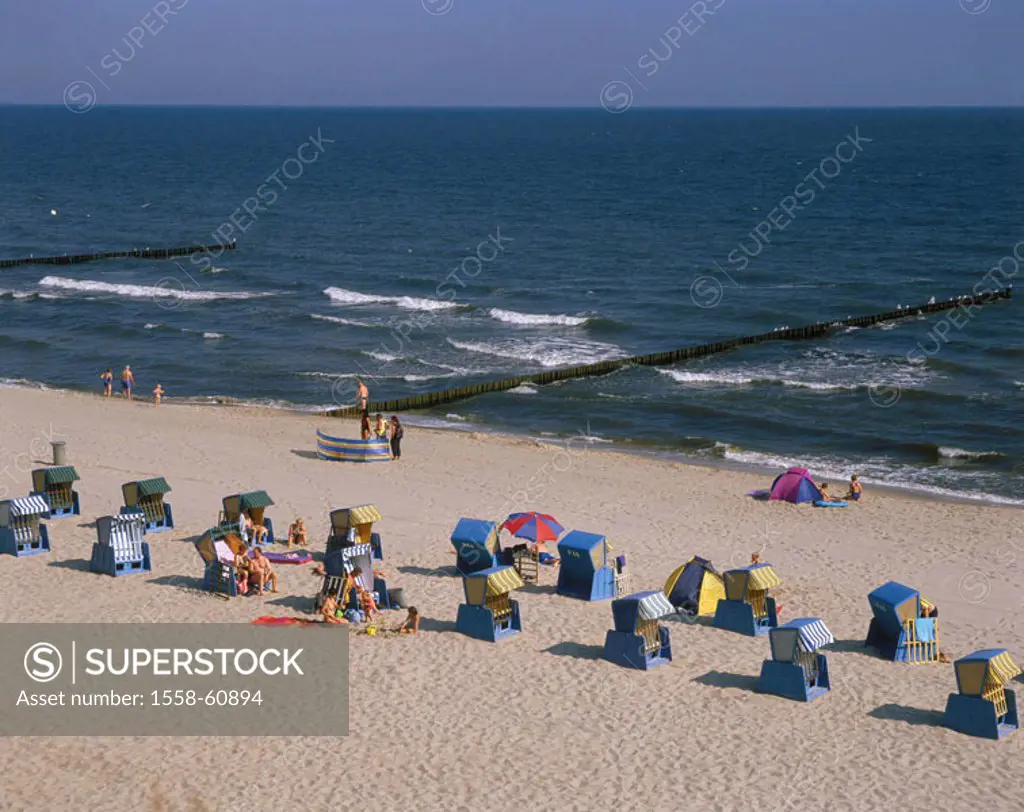Germany, Mecklenburg-Western Pomerania,  Island Usedom, Koserow, beach opinion,  Wicker beach chairs, swimmers, Europe, Central Europe, Ostvorpommern,...