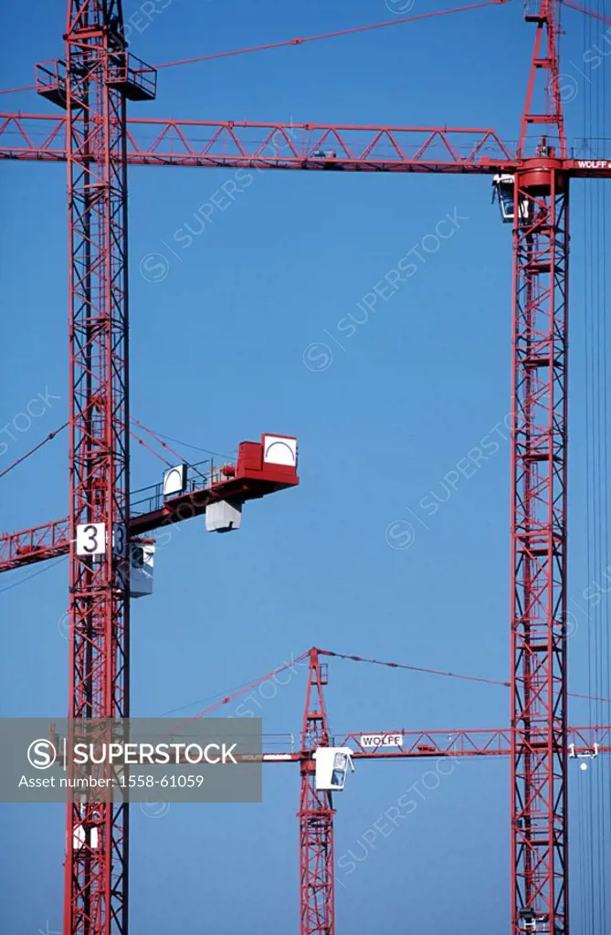 Building site, Baukräne, red, detail   Construction, building industry, big building site, cranes, outrigger cranes,  Ferric construction, machines, c...