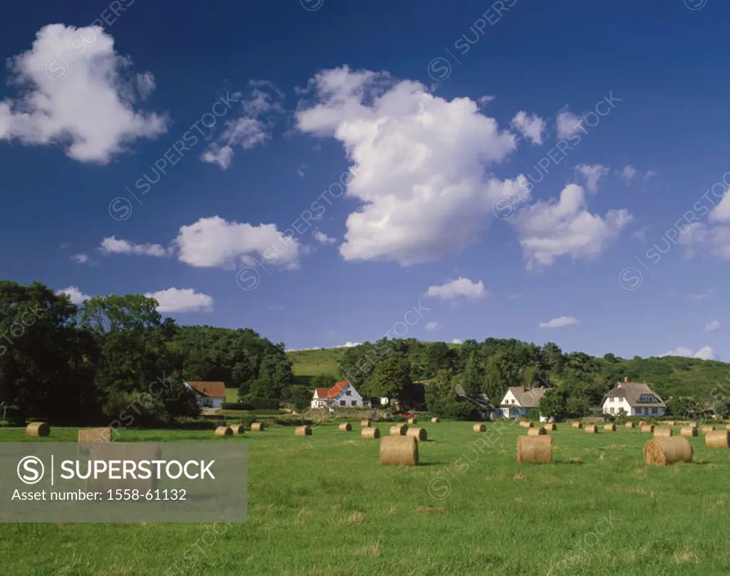 Germany, Mecklenburg-Western Pomerania,  Island reprimands, monk property, Groß-Zicker,  Houses, meadow, hay bale Europe, Central Europe, north-east G...