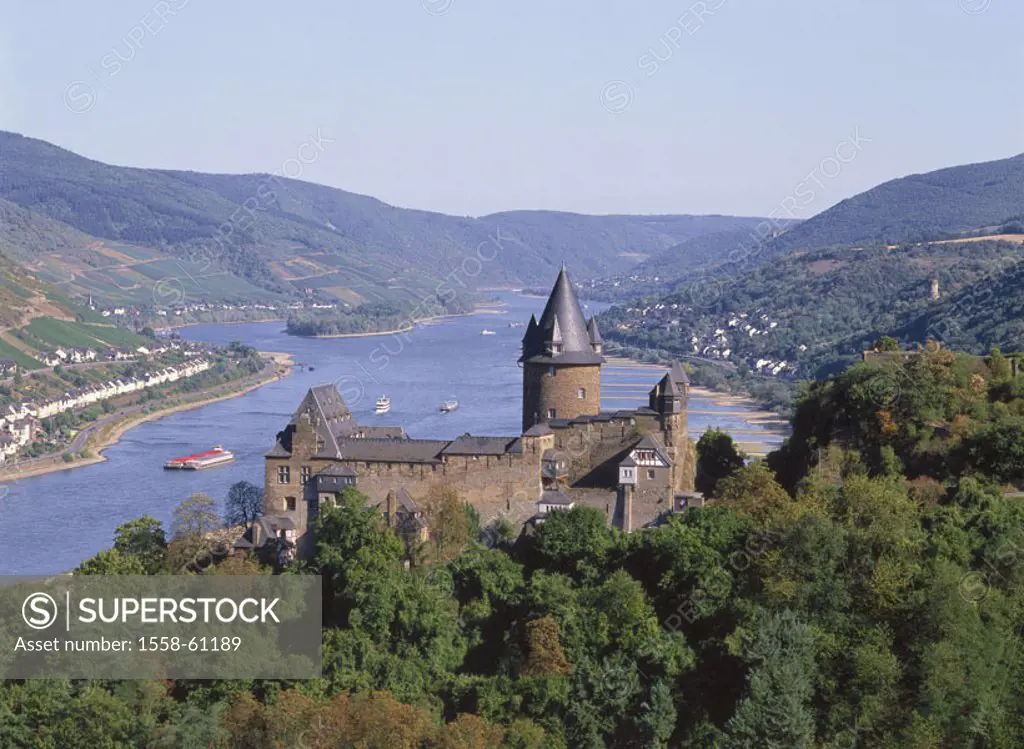 Germany, Rhineland-Palatinate, above Bacharach, castle Stahleck, Rhine, River landscape Europe, rural district Mainz-Bingen, ´romantic Rhine´, Europe,...