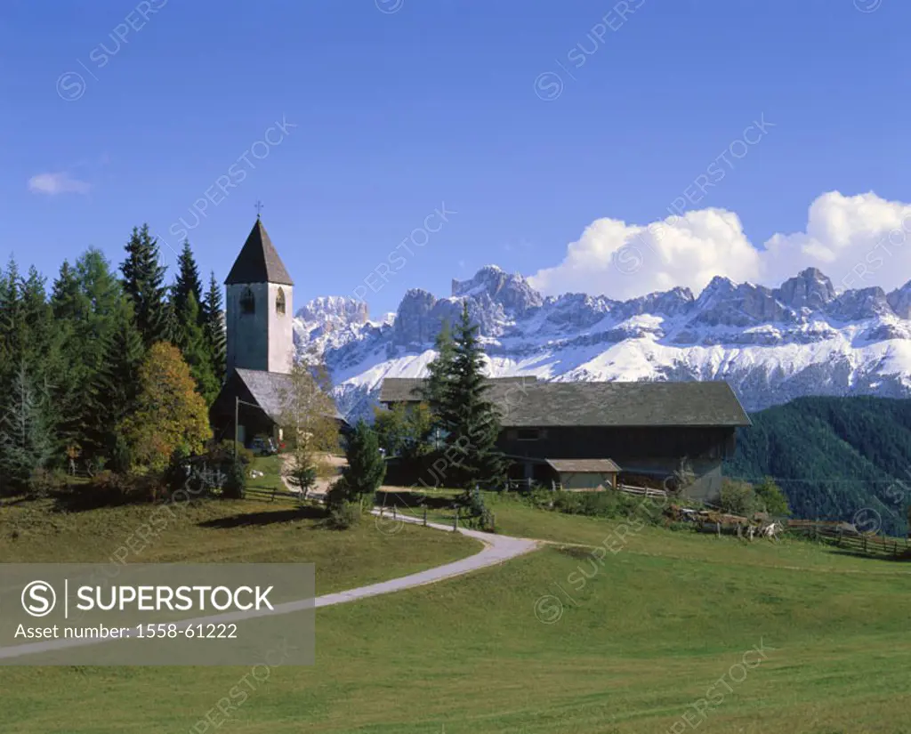 Italy, South Tyrol, German oven, church,  St. Helena, mountains, Rosengarten  Europe, Southern Europe, North Italy, Alto Adige, place, place, sight, s...