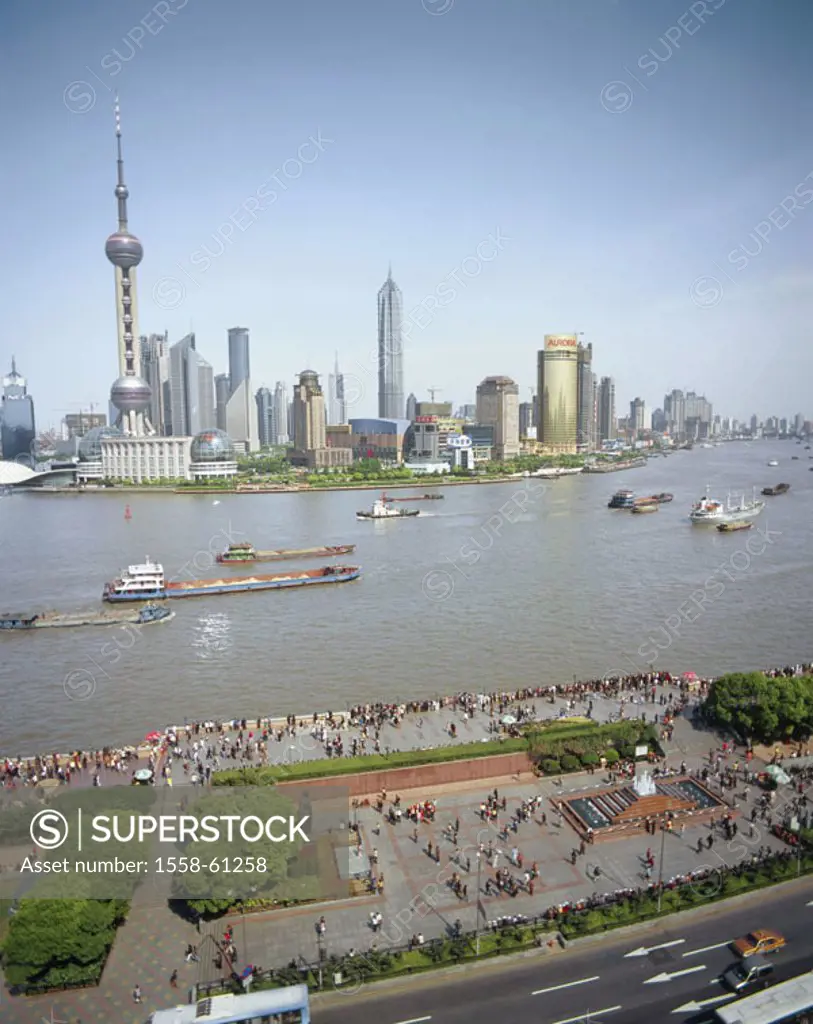 China, Shanghai, Pudong New Area,  skyscrapers, river Huangpu, ships  Asia, Eastern Asia, East China, Shanghai, economic center, Yangzi-Metropole, ´ga...