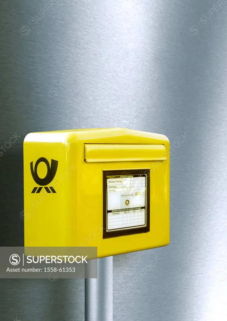 Post mailbox, yellow,    Mailbox, mailbox, mailbox collection times, mailbox collection, emptying, drains, empty, symbol, concept, letter, letters, ma...