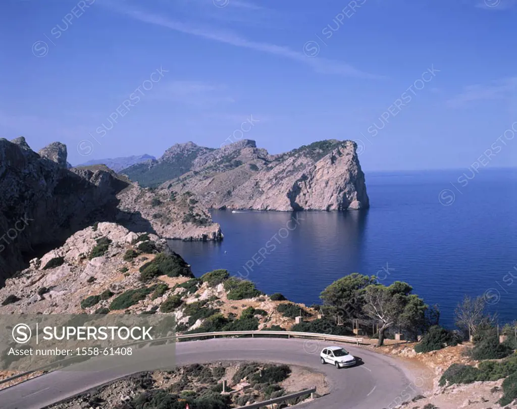 Spain, island Majorca, Cap forms Formentor,  Coast street, car,  Europe, Espana, , Balearic Islands, Mediterranean island, Mediterranean, sea, cape, r...