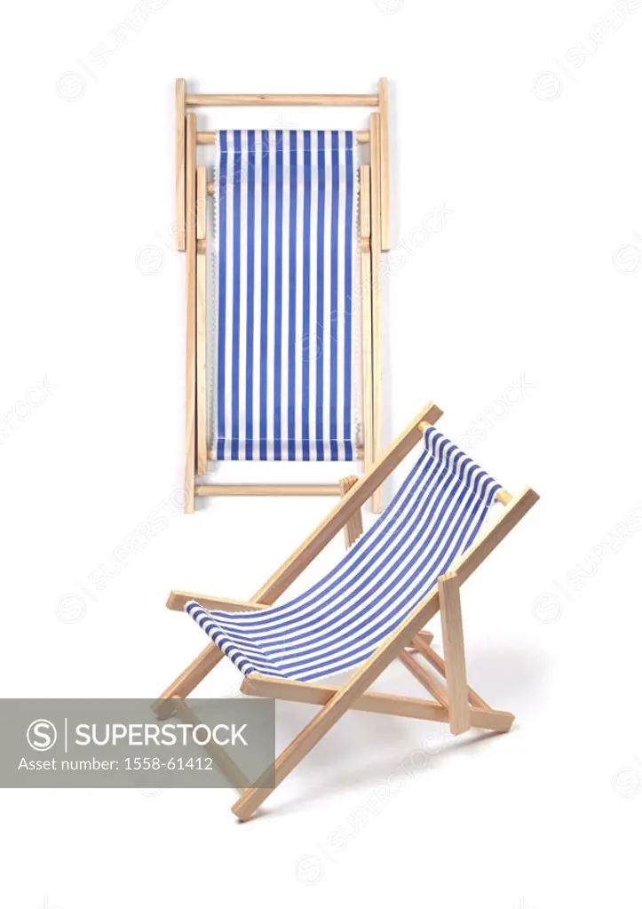 Deck chairs, collapsed,  positioned  Garden furniture, beach, beach furniture, folding couch, reference, Material reference, roved, blue-white, symbol...