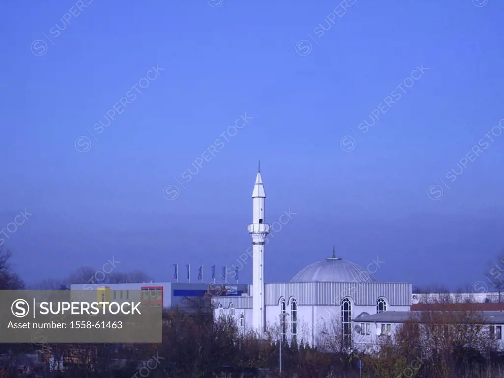Germany, Baden-Württemberg, Wiesloch, industrial community, mosque,  Twilight Europe, construction, buildings, minaret, domed structure, easterly, arc...