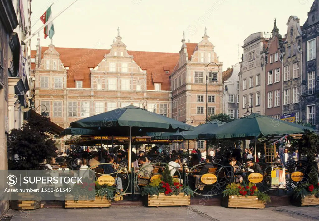 Poland, Danzig, old town, Langgasse, Greens party gate, market place, cafe  Rzeczpospolita Polska, Gdansk, port, houses, Residences, citizen houses, g...