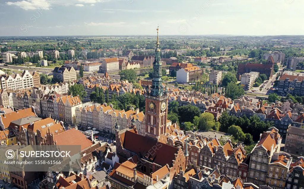 Poland, Danzig, view over the city, Long alley, town hall,  Rzeczpospolita Polska, Gdansk, port, city, Cityscape, houses, residences, Häuserzeilen, Ci...