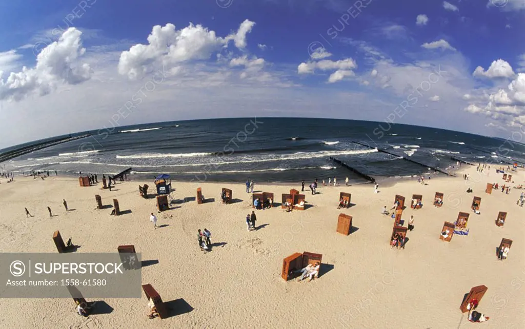 Poland, Zoppot, beach, Wicker beach chairs  Rzeczpospolita Polska, Pomerania, Danziger bay, west side, Sopot, sea resort, spa, beach, sandy beach, tou...