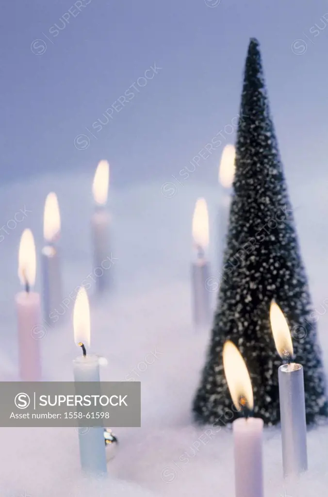 Snow, fir tree, candles, burning,  Christmas ball  Christmas time, pre-Christmas period, Advent season, christmassy, Christmas decoration, decoration,...