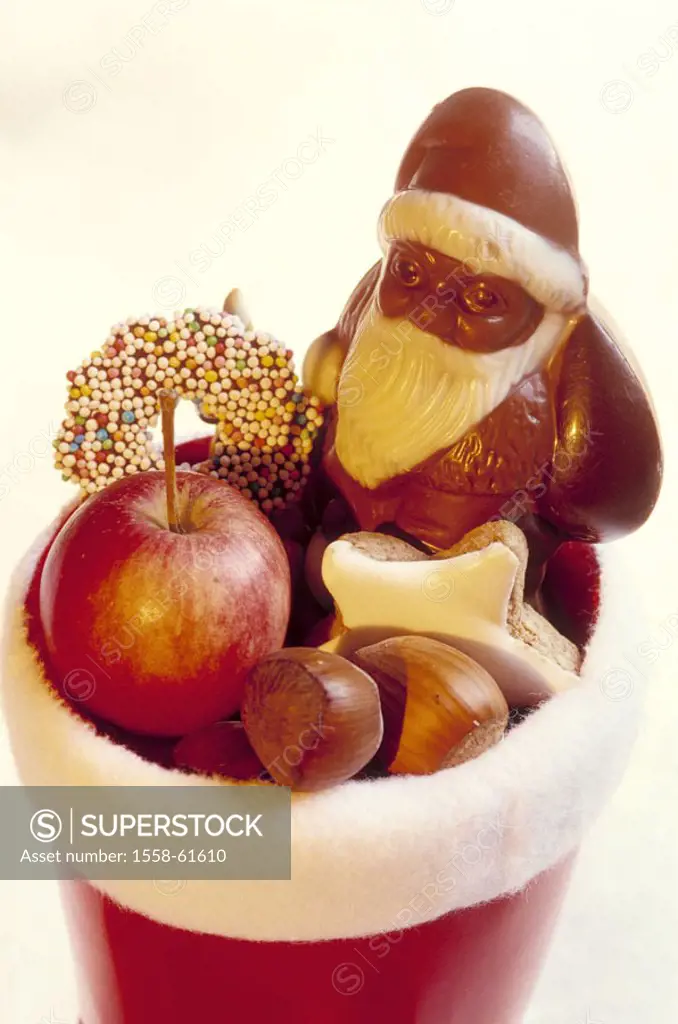 Nikolaus boots, filled, places,  Nuts, apple, chocolate Nikolaus,  Detail Series, boots, plastic boots, plastic boots, red, Christmas time, pre-Christ...