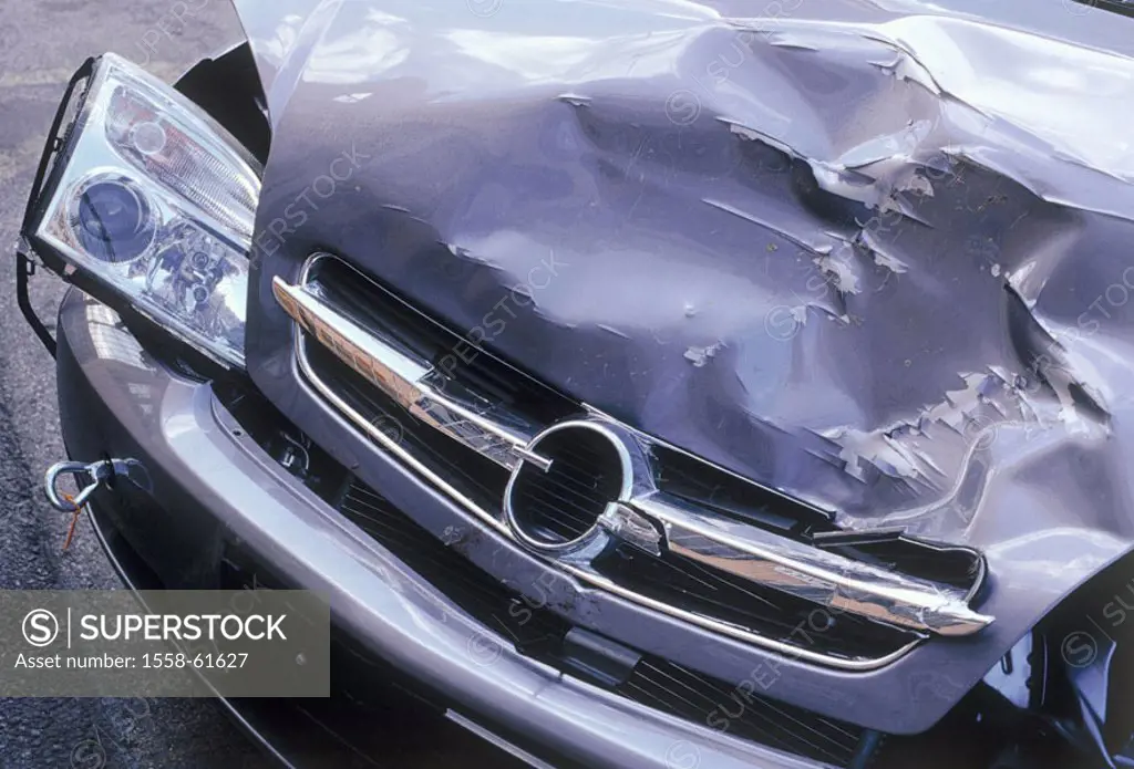Accident car, frontal damage, close-up   Accident, traffic, road accident, car accident, Opel, Car, ambulances, private car, damage, sheet metal damag...