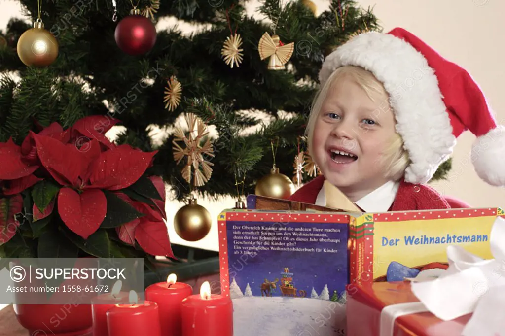 Christmas Eve, Christbaum,   Toddler, Nikolaus cap, Kinderbuch, looking at, laughing , Bescherung, Christmas, girls, 3-5 years, cap, headgear, Märchen...