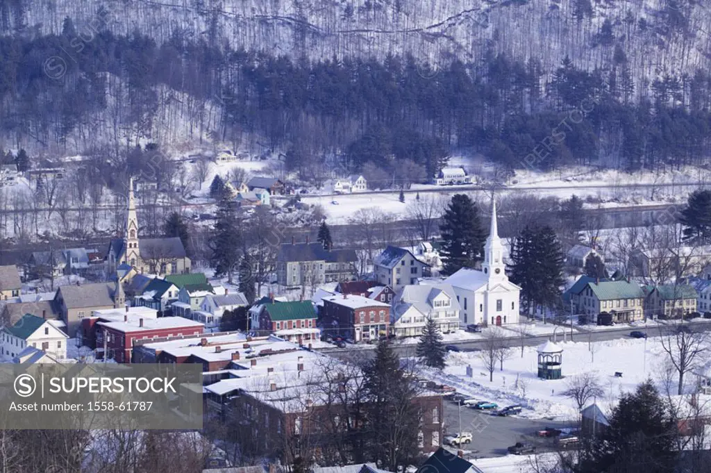USA, Vermont, Green Mountain,  South Royalton sound, view at the city, winters  America, North America, city, cityscape, houses,  Residences, churches...