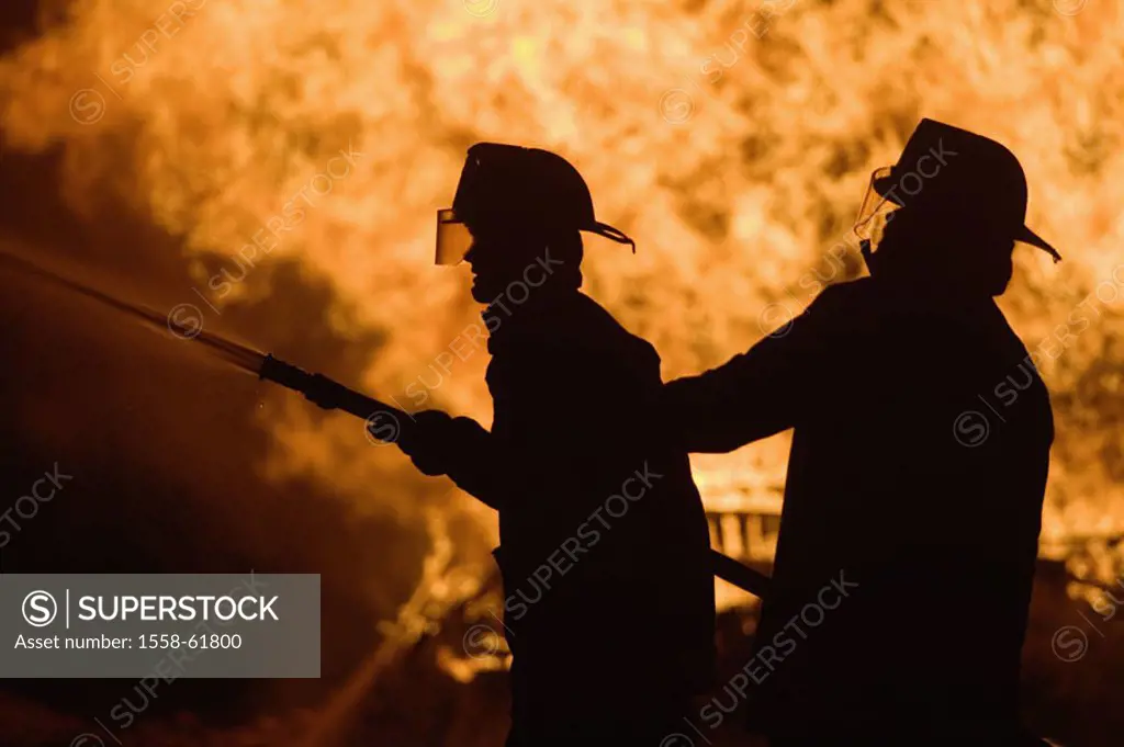 Silhouette, firefighters,  Fire-fighting, detail, on the side  Occupation fire brigade, men, protection clothing, occupation, occupation fire brigade,...
