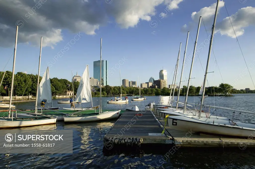 USA, Massachusetts, Boston,  view at the city, harbor, sailboats  America, North America, cityscape, Charles River, forecastle Bay, finance center, Jo...