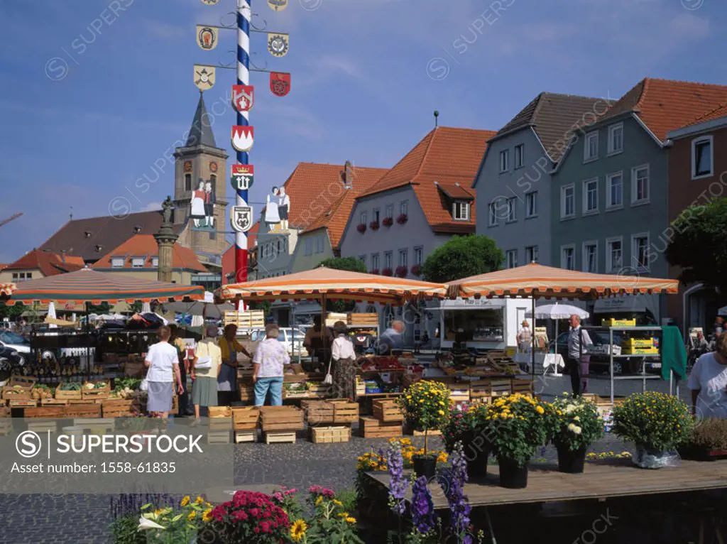 Germany, Bavaria, bath new part of town at the Saale, market place, market stand,  Buyers Europe, Central Europe, Southern Germany, Lower Franconia, B...