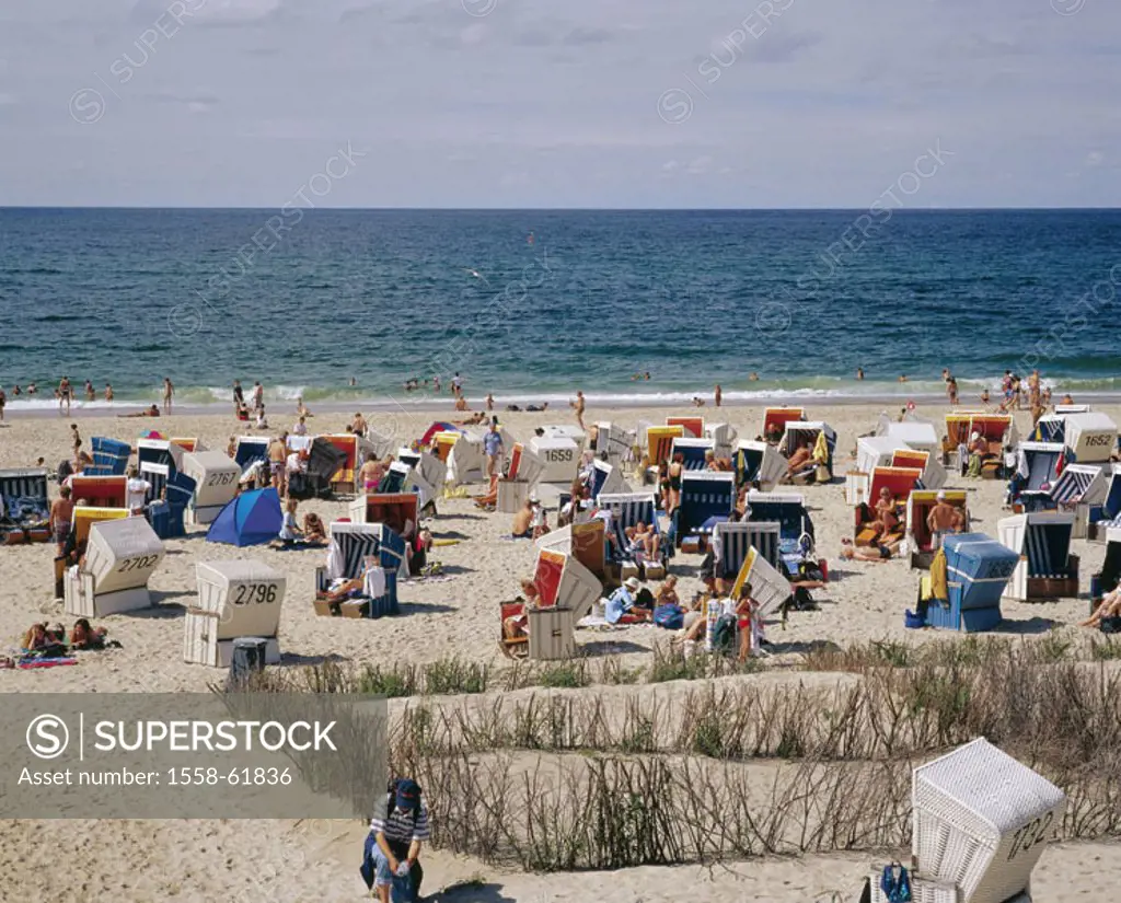 Germany, Schleswig-Holstein,  Island Sylt, Westerland, beach,  Wicker beach chairs, swimmers, Europe, Central Europe, Northern Germany, North Frisian ...