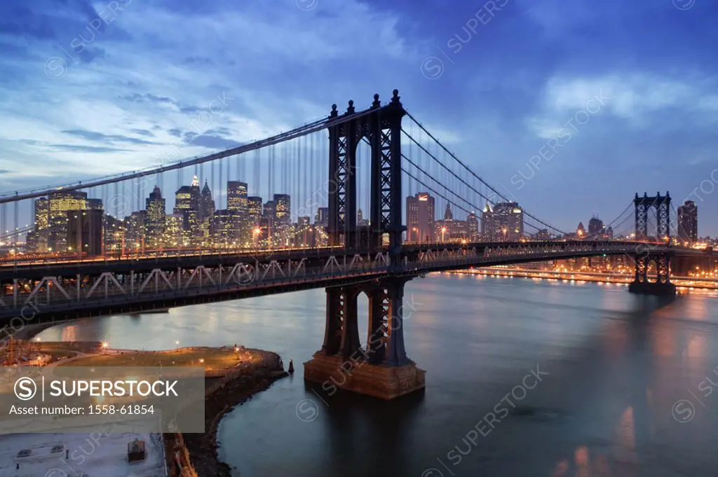 USA, New York city, Manhattan,  Skyline, Brooklyn bridge,  Twilight America, North America, city, metropolis, district,  Lower Manhattan, view at the ...