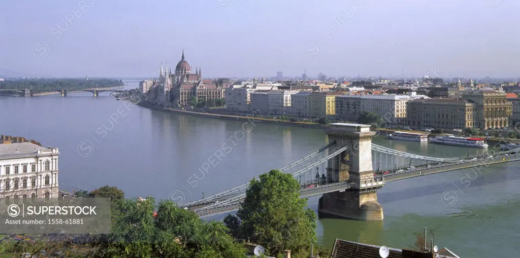 Hungary, Budapest, view at the city,  Parliament,  bridge, detail,  River Danube Europe, Central Europe, city, capital, district, bridge, Szechenyi la...