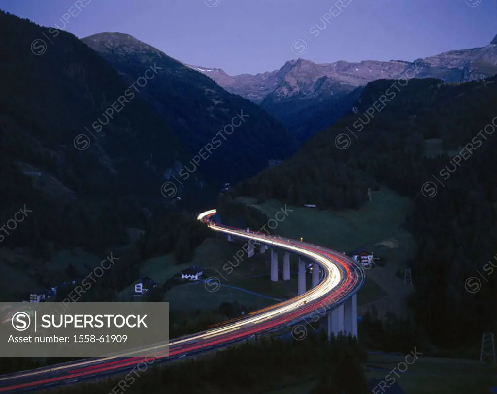 Austria, Tyrol, Brennerautobahn,  Highway bridge, light tracks,  Traffic, night, Europe, Inntal, burners, highway, traffic, transportation, roadway, t...