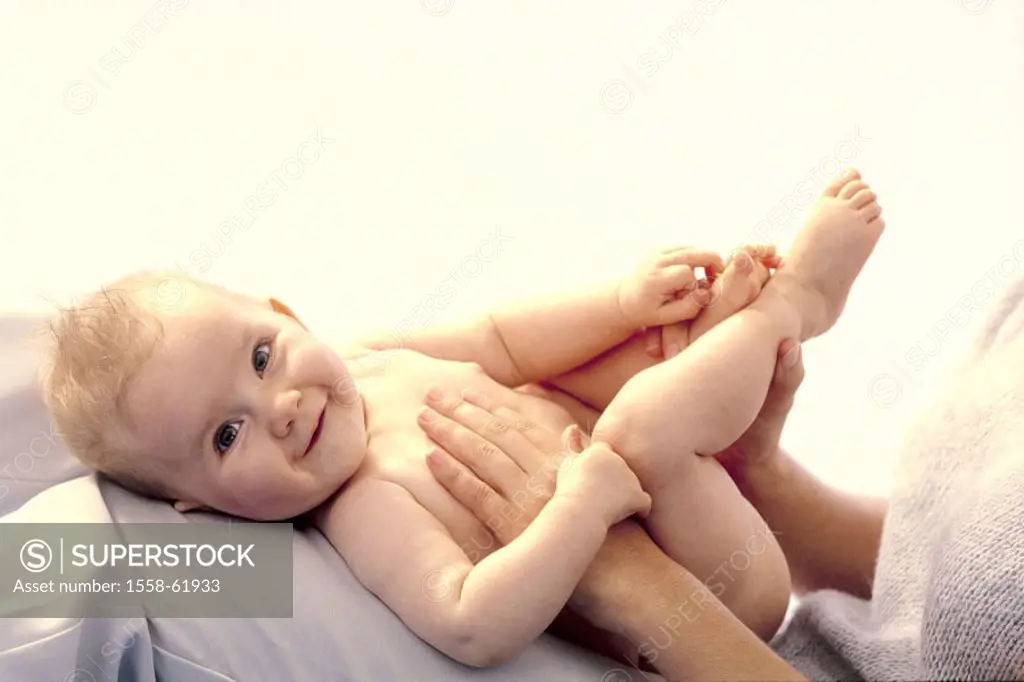 Mother, lap, baby, naked, touch,  on the side, detail  Series, child, 4-5 months, woman, parent, motherhood, mother luck, welfare, touch, concerns ski...