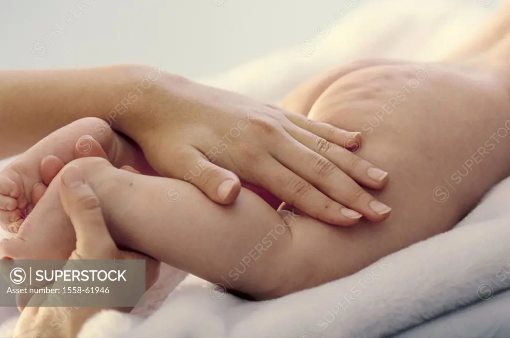 Baby, naked, prone position, woman,  Leg massage, detail,  Series, child, 4-5 months, body part, leg, mother, parent, motherhood, welfare, concerns, t...