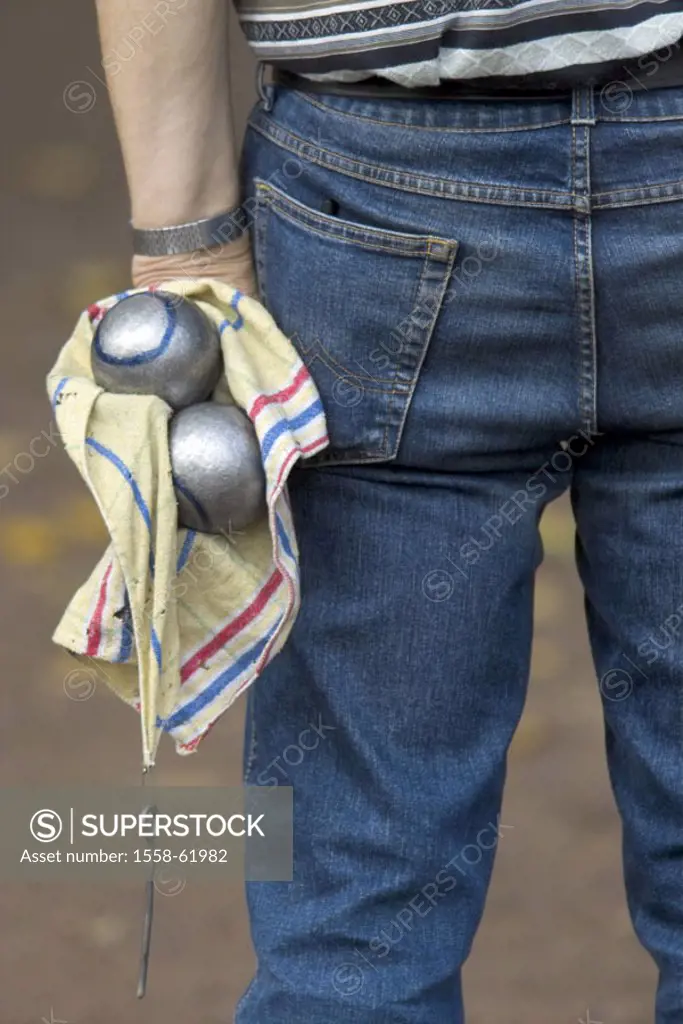 Boccia, man, Bocciakugeln,  Duster, holding, view from behind,  Detail Man, players, standing, waiting, ball, concentration, Boule, Boulespiel, Boccia...