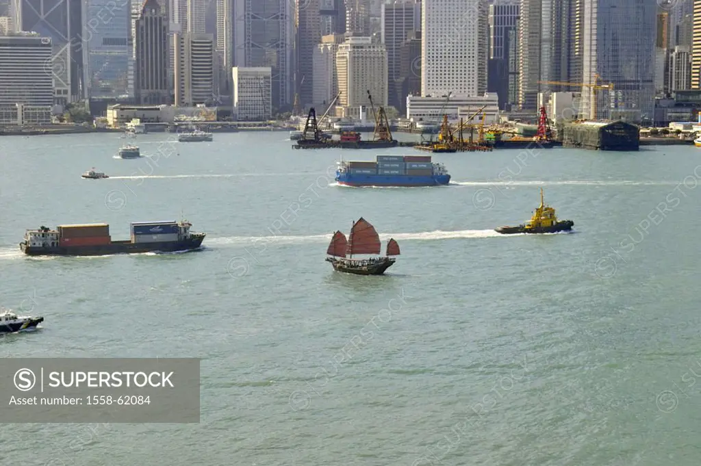 Hong Kong, view at the city, Victoria Hafen, Ships  Asia, Eastern Asia, island state, island, city, metropolis, metropolis, center, skyline, skyscrape...